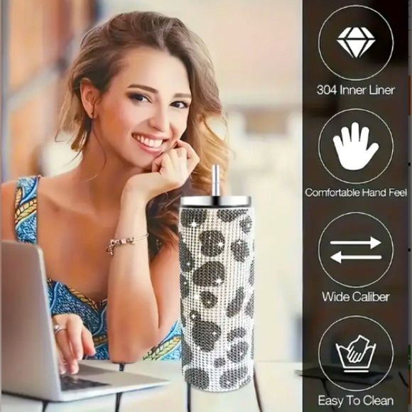 Pink/White Cow Print Stainless Steel Insulated Water Bottle w/Lid & Straw, NWOT - Picture 4 of 4